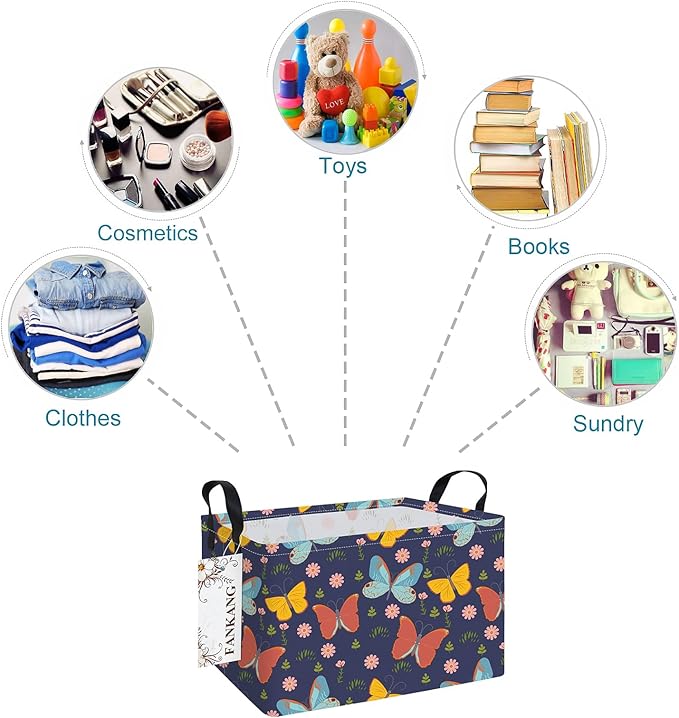 FANKANG Storage Bins, Nursery Hamper Canvas Laundry Basket Foldable with Waterproof PE Coating Large Storage Baskets for Kids Boys and Girls, Office, Bedroom, Clothes,Toys(Rec-Colorful Butterfly ）