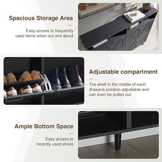 Shoe Storage Cabinet, Farmhouse Shoe Organizer with 4 Flip Drawers & Barn Door,Freestanding Hidden Slim Narrow Shoe Rack with Open Shelves for Entryway, Foyer, Hallway, Black-NeatNest