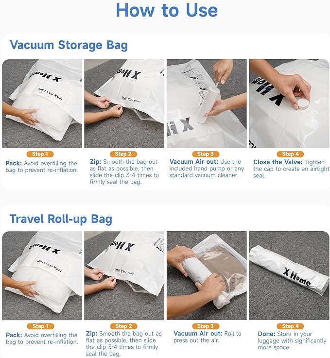 24 Pack Vacuum Storage Bags, Space Saver Vacuum Seal Bags for Clothing, Bedding, Blankets, Comforters,Travel Luggage, Vacuum Compression Bags with Hand Pump (8 Jumbo+4L+4M+4S+4 Roll-up Bags)-NeatNest