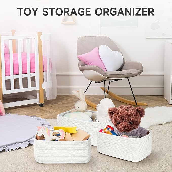 3-Pcs Shelf Baskets for Organizing, Closet Organizer Bins, Small Woven Baskets, Rope Toy Basket, Storage Basket for Shelves, Cube Decorative Box, 11.8×7.8×5.1”, White-NeatNest