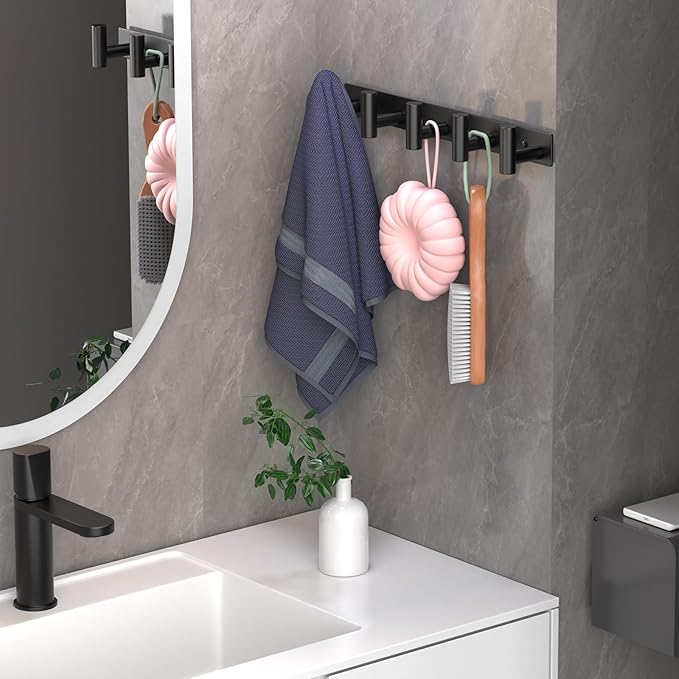 Coat Rack Wall Mounted with 5 Hooks,Metal Wall Hooks for Hanging Towel Coat Bag, Stainless Steel Coat Hooks Hat Rack Coat Hanger Towel Hooks for Entryway Bathroom Kitchen (Black, 2 Packs)-NeatNest