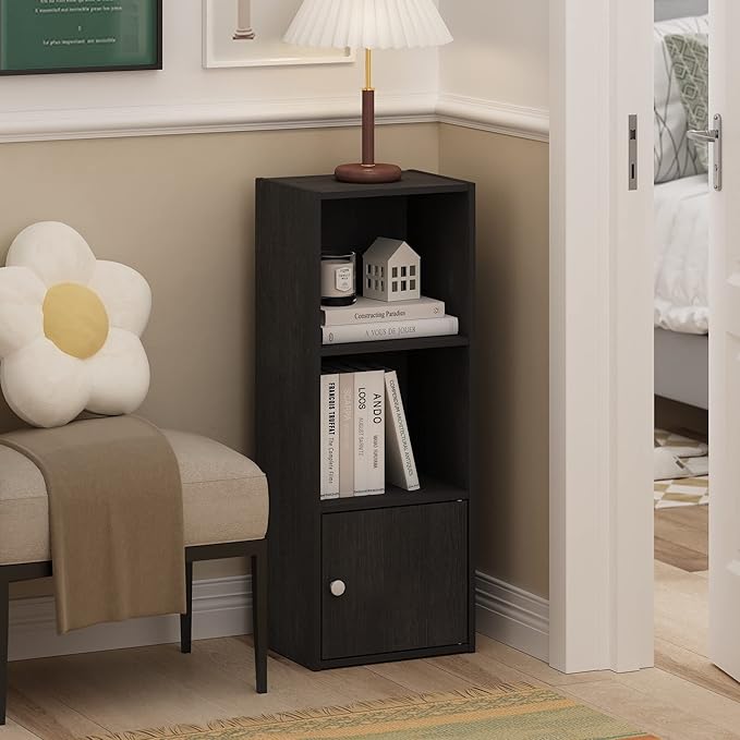Furinno Luder Shelf Bookcase with 1 Door Storage Cabinet, Blackwood-NeatNest