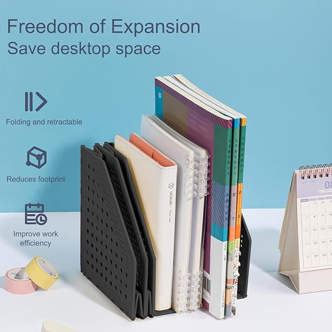 deli Collapsible Magazine File Holder 4 Vertical Compartment Binder Holder for Desk Organizer Adjustable Sturdy Binder Storage Organizer for Office School Home（Black）-NeatNest