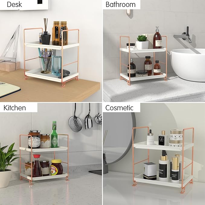 FSyueyun 2-Tier Bathroom Countertop Organizer, Tool-Less Installation Premium Plastics Makeup Shelf Organizer Perfume Skincare for Dresser Vanity Tray Organizers and Storage (Rose Gold)-NeatNest