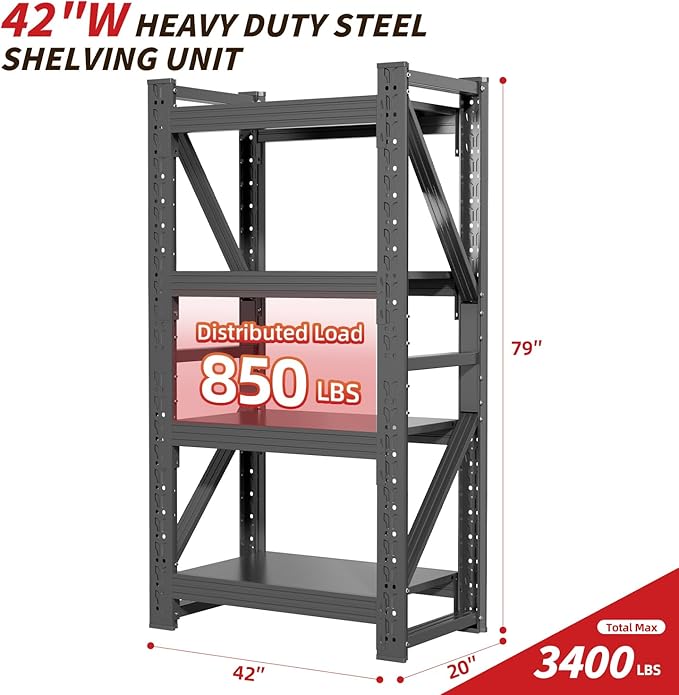 42" W Garage Shelving,4-Tier Heavy Duty Storage Shelves Unit with Adjustable Metal Shelf for Warehouse,Basement,Workshop,3400LBS,42" W x 20" D x 79" H,Black-NeatNest