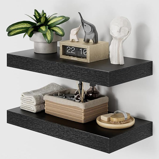Heimlove 12" Deep Black Floating Shelves for Wall, 24 Inch Wall Shelf Bathroom Shelves Set of 2, Wall Mounted Shelves for Books Living Room Laundry Room Bedroom Kitchen Home Office-NeatNest