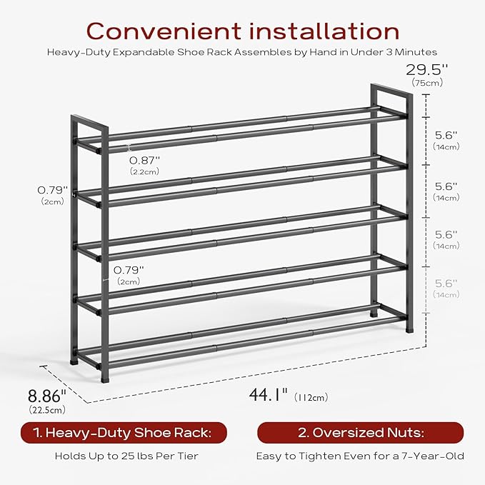 Bumusty 5-Tier Long Expandable Shoe Rack for Closet, 18"-44" Adjustable Shoe Rack for Entryway, 25-30 Pairs Large Shoe Organizer Shelf Storage, Sturdy Metal, Grey-NeatNest