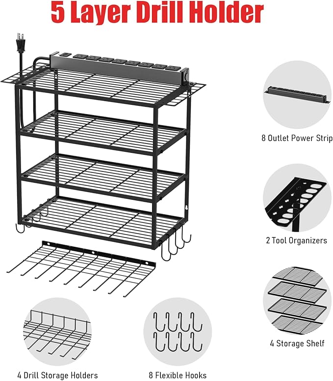 JUNNUJ Tool Organizer with Charging Station, 5 Layers Wall Mount Garage Tools Storage with 8 Outlets Power Strip, 4 Drills Holder Battery Heavy Duty Metal Shelf, Utility Rack with Hooks, Black