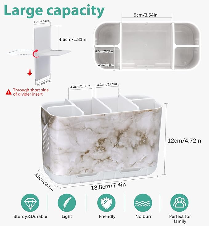 Boperzi Electric Toothbrush Holder for Bathroom Organizer Countertop, Detachable Anti-Slip Toothpaste Storage Caddy 6 Slots White Marble with Drainage Holes for Makeup Brush Razor Stand-NeatNest