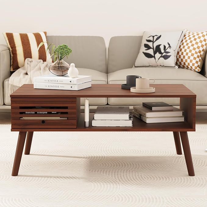 Coffee Table, Mid Century Modern Table with Storage, Living Room Center Table with Slatted Panel Drawer, Fluted Wood Coffee Table with Open Shelf for Living Room, Walnut-NeatNest