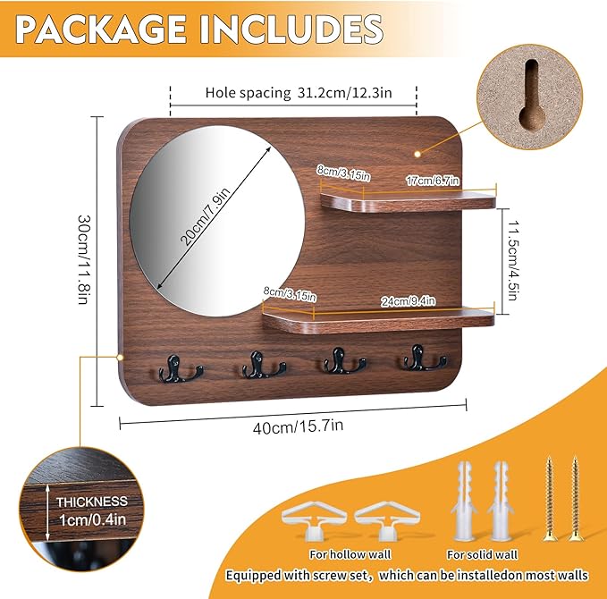 Coat Rack with Shelf Rustic Wooden Wall Mounted Hanging Coat Rack with Mirror Shelves and 4 Double Hooks Decorative Entryway Hook Shelf for Hallway Living Room Bedroom 16"x12" (Brown S)-NeatNest