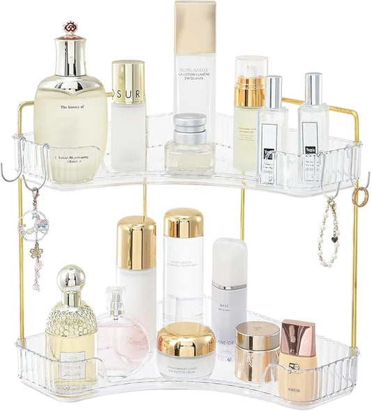 2-Tier Plastic Bathroom Counter Corner Organizer with Hooks, Bathroom Sink Organizer and Storage Countertop Vanity Tray, Perfume Organizer (Gold Clear)-NeatNest