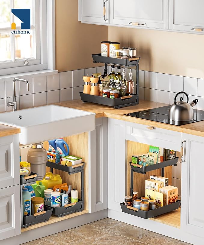 Under Sink Organizer, 2 Tier Adjustable Height Under Sink Organizers and Storage, L-Shaped Slide Out Pull Out Cabinet Organizers for Bathroom Kitchen Pantry (2 Pack, Black)-NeatNest