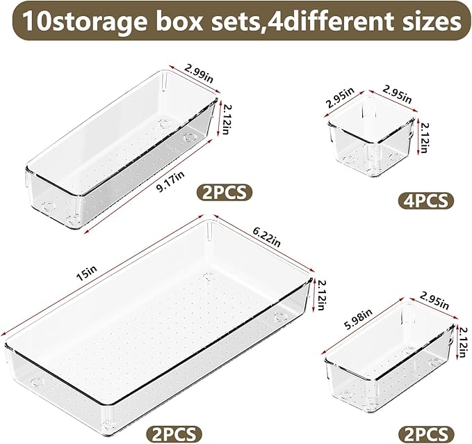 10 PCS Clear Plastic Drawer Organizer Set, 4 Sizes Acrylic Drawer Storage Trays Non Slip Storage Bins for Makeup, Jewelry, Gadgets for Kitchen, Bedroom, Bathroom, Office-NeatNest
