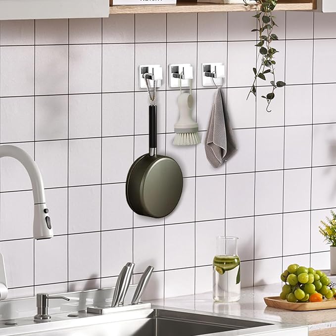 IBosins 4 Pack Towel Hooks Hand Towel Holder for Bathroom Wall Livingroom Bedroom Kitchen Closet Heavy Duty Stainless Steel Hook Hanger for Robe, Bath Towel, Coat (Square Polished Chrome)