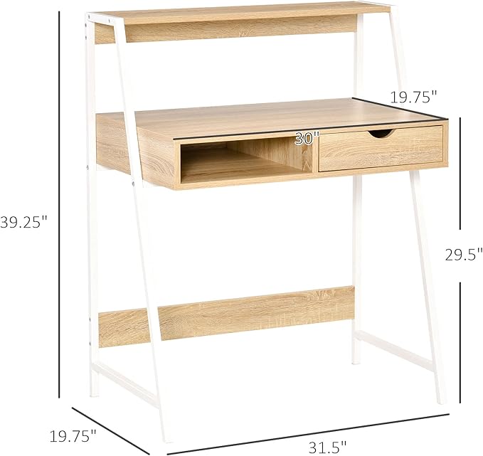 HOMCOM Home Office Desk, Computer Desk with A Frame for Small Spaces, Writing Table with Drawer and Storage Shelves, Natural-NeatNest