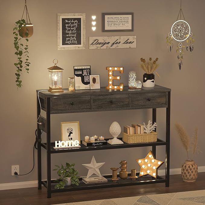 Ecoprsio 47'' Entryway Table with Outlets and USB Ports, Console Table with 3 Drawers, Sofa Table Narrow Long with Storage Shelves for Living Room, Couch, Hallway, Foyer, Kitchen Counter, Grey-NeatNest