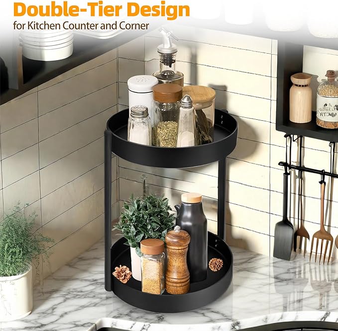 2 Tier Metal Lazy Susan Organizer, 12 Inch Rotating Turntable Double Lazy Susans for Cabinet Kitchen Bathroom, Anti-Rust Two Tiered Spinner Tray Carousel Organizer for Spice Rack Countertop Black-NeatNest