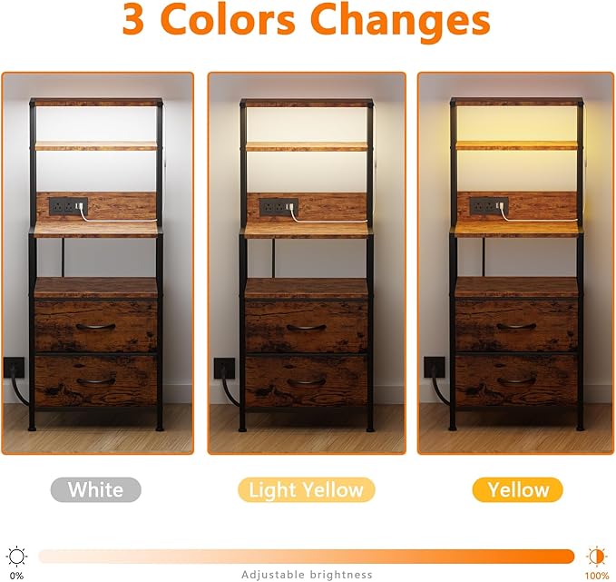 Furnulem Night Stand, Tall Nightstand with 4-Tier Shelves, 2 Fabric Drawers and Light Tube, Bed Side Tables with Charging Station, Bedside Table for Bedroom, Office, Rustic Brown
