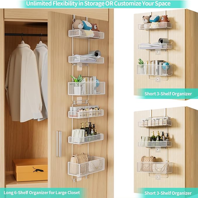 HapiRm Over Door Organizer Storage - Separable Door Organizer Hanging with 6 Metal Large Capacity Baskets for Bathroom Bedroom Kitchen Pantry Closet (White)