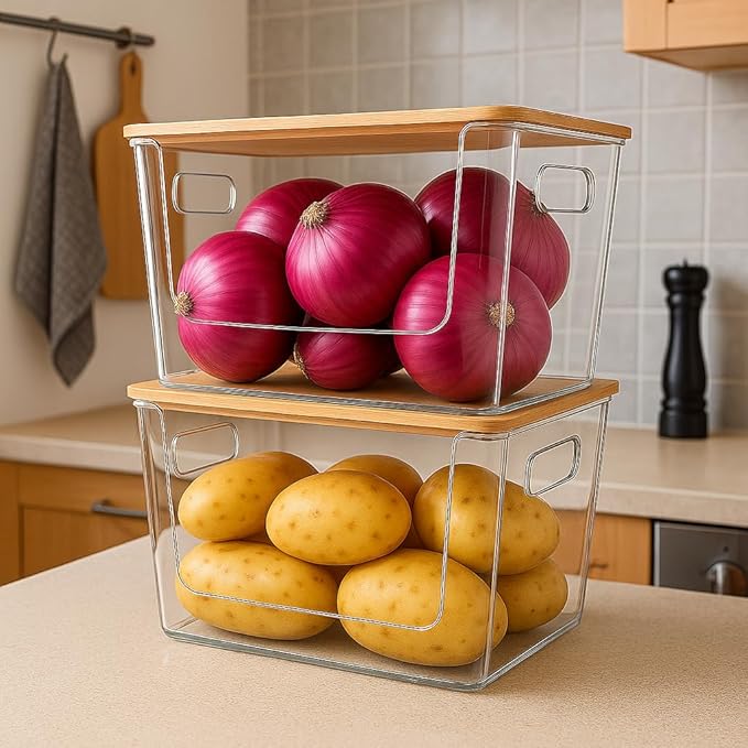 4-Pack Stackable Potato & Onion Storage Bins with Ventilated Design & Removable Dividers - Eco-Friendly Bamboo Vegetable Containers for Pantry, Kitchen Countertop - Garlic, Veggies, Produce Organizer