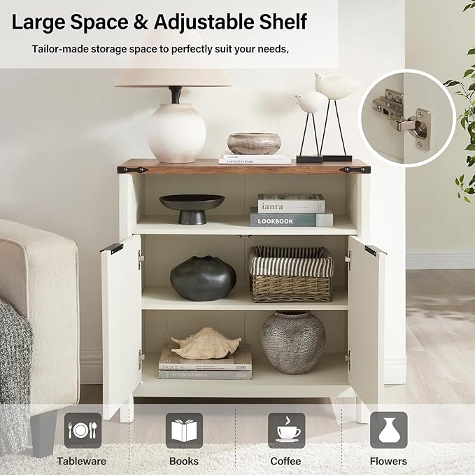32 Inch Fluted Sideboard Cabinet with Open Shelf & Adjustable Shelves Set of 2, Modern Farmhouse Storage Cabinet for Kitchen, Entryway, Living Room, Coffee Bar Organizer (Antique White)