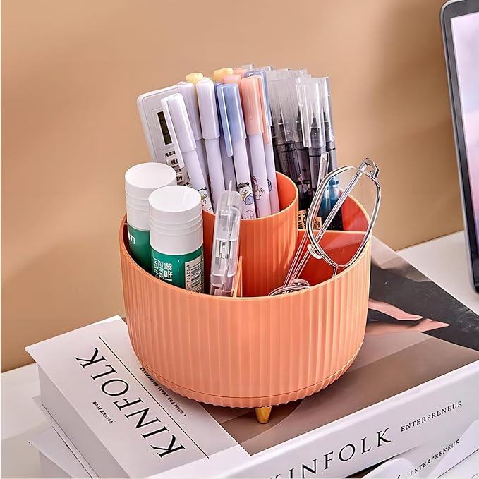 DASITON Large Capacity Makeup Brush Holder,360° Rotating Makeup Organizer,5 Slot Makeup Brushes Cup,for Vanity Decor,Bathroom Countertops,Desk Storage Container,Cosmetic Display cases(Orange)-NeatNest