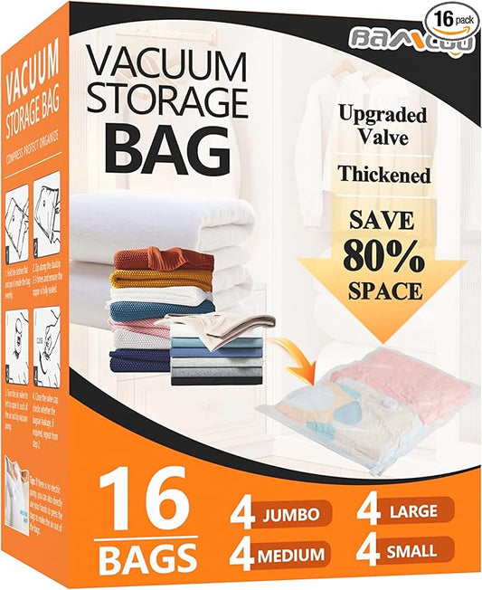 Vacuum Seal Bags for Clothing, Upgraded 16 Pack(4 Jumbo/4 Large/4 Medium/4 Small Vacuum Storage Bags) Space Saver Vaccine Sealed Storage Bag for Travel Blankets Bedding Luggage Comforters-NeatNest