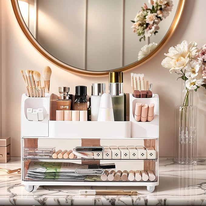 Makeup Organizer with 2 Drawers, Cosmetic Display Case, Storage Holder for Vanity, Bathroom Counter, Desk, Beauty Supplies (Cream)