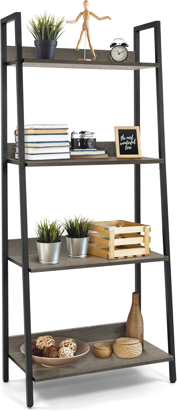 CAPHAUS 4 Tier Ladder Bookshelf, 24 Inch Width Free Standing Shelf, Bookcase Shelf Storage Rack Organizer, Industrial Book Shelves for Home Office, Living Room, Kitchen, Dark Grey Wooden Shelves-NeatNest