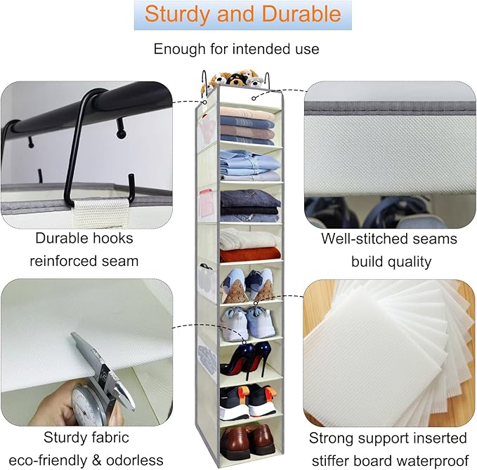 2 Pack Large-Sized Hanging Shoe Organizer 10-Shelf, Sturdy Hanging Closet Organizer with 8 Side Pockets, Wider Hanging Shelves for Storage Shoes Clothes Jeans Shirts Toys, Beige-NeatNest