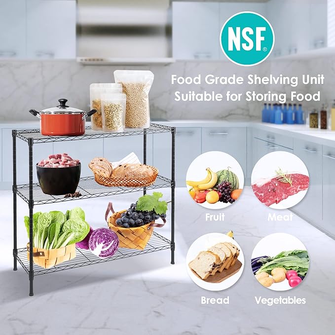 3-Tier Wire Shelving Unit, Adjustable Metal Wire Shelves with NSF Certified, Standing Storage Shelf Unit for Laundry, Bathroom, Kitchen, Pantry, Closet (13.7" D x 35.5" W x 31.5" H, Black)