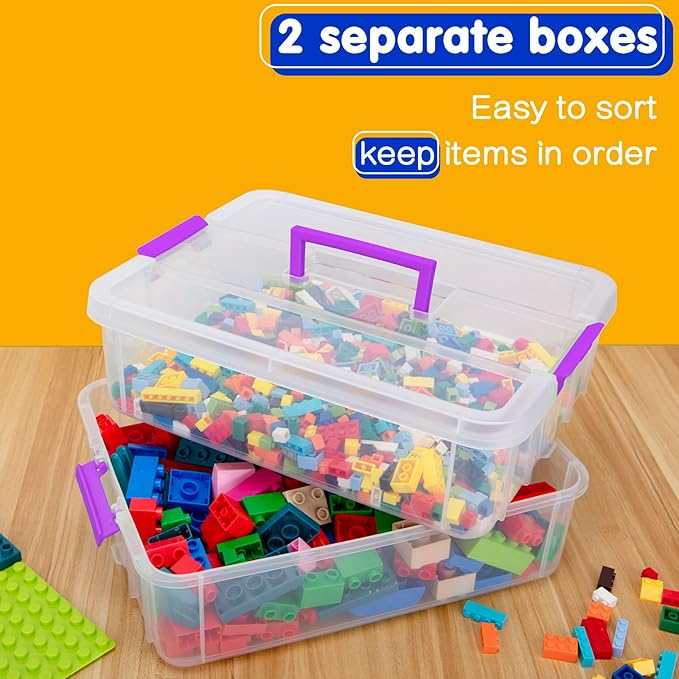 2 Layer Plastic Storage Containers with Lids, Multipurpose Clear Stack & Carry Box, Portable Craft Organizers and Storage Bin for Organizing Art & Craft, Sewing, Makeup, Nail Supplies (Purple)
