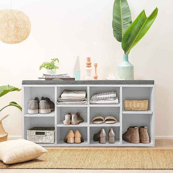 Shoe Storage Bench, Entryway Bench with Storage, 3-Tier Shoe Rack Bench 10 Cubbies Adjustable Shelves Shoe Organizer Shelf for Hallway Front Door Living Room Bedroom