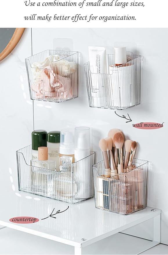 Set Of 2 Storage Organizer Bins Wall Mounted Shower Caddy, Bathroom shelves Stackable Clear Plastic Toothbrush Holder Adhesive Hanging Bin for Bathroom, Kitchen, Cabinet, Shower BPA Free Small (Clear)-NeatNest