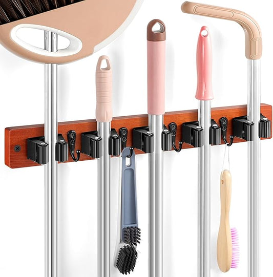 Brown Broom Holder Wall Mount - Heavy Duty Wood Mop and Broom Organizer with 5 Slots & 4 Hooks - Tool Hanger for Laundry Room Closet Kitchen Garage Storage and Organization - for Rusic farmhouse Decor-NeatNest
