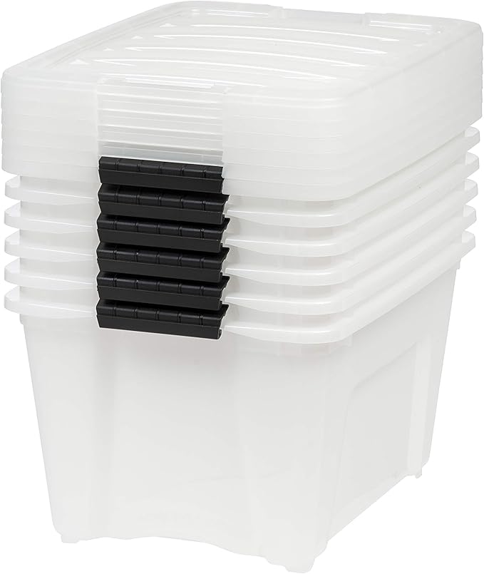 IRIS 588248 32 Quart Clear Stack and Pull Storage Container Box Bin System with Secure Latching Lids for Home, Closet, or Office (6 Count)