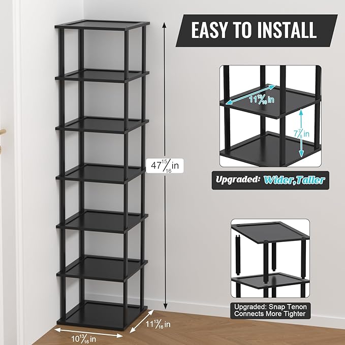 Bamboo Free Standing Shoe Rack Shelf Multi Tier Tall Wooden Stackable Shoes Rack Organizer for Closet Front Door Entrance Narrow Vertical Shoe Storage Rack for Corner Stand (Black, 7 Tiers)-NeatNest