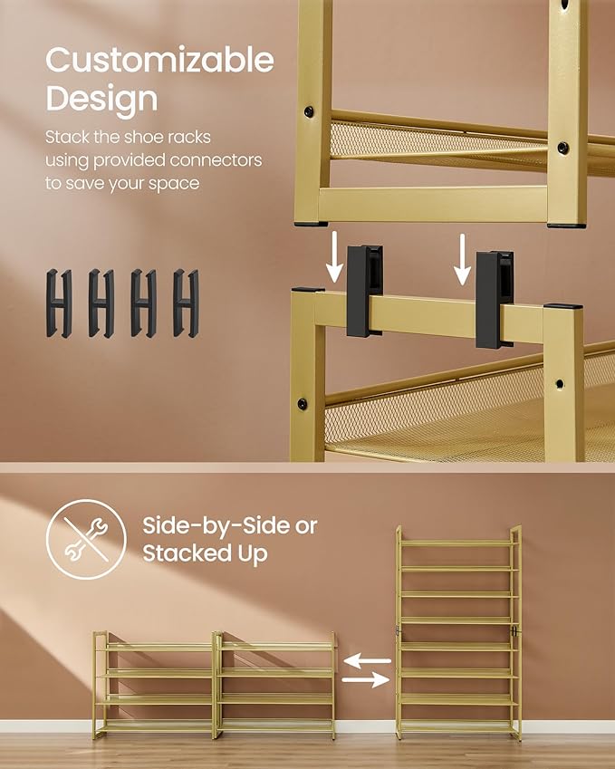 SONGMICS Shoe Rack, 8-Tier Shoe Organizer, Metal Rack for Garage, Set of 2, 4-Tier Stackable Shelf, with Adjustable Flat or Angled Shelves, 32-40 Pairs, Pale Gold ULMR08A02-NeatNest