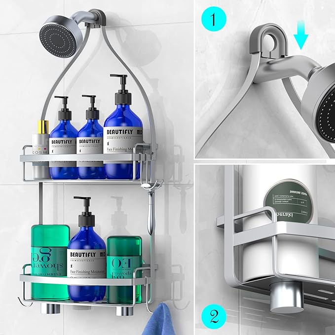 Meangood Shower Caddy Over Shower Head, Sliver Anti-Swing Hanging Shower Caddy with 4 Remove Hooks for Razor, Sponge, Towels Rustproof Shower Organizer for Bathroom Silver
