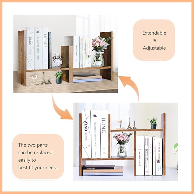 J.M.Deco Desktop Organizers and Storage for Office, Adjustable Desktop Organizer Shelf Double H Display, True Natural Stand Shelf, Desktop Shelf Organizer Natural Wood Tone-NeatNest