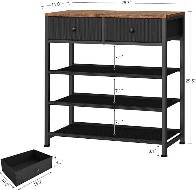 Usikey 4 Tier Shoe Rack With 2 Drawers, Metal Shelf for 9-12 Pairs, 3 Fabric Shelves and Wooden Top, Storage Organizer Stand for Closet Entryway, Black-NeatNest