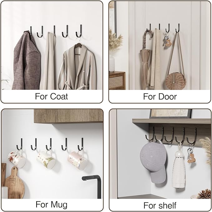 20-Pack Wall Hooks for Hanging Towel/Coat - 22LB Screw in Metal Hanger Wall Mount, for Outdoor, Closet, Door, Bathrooms, for Backpack, Robe, Black