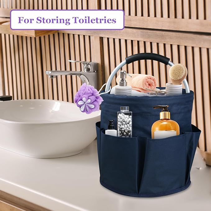 17L Cleaning Caddy with Handle, Portable Shower Caddy in 600D Oxford Fabric, Bucket Tool Organizer with 6 Side Pockets, Collapsible Storage Basket for Cleaning, Camping, Navy Blue-NeatNest