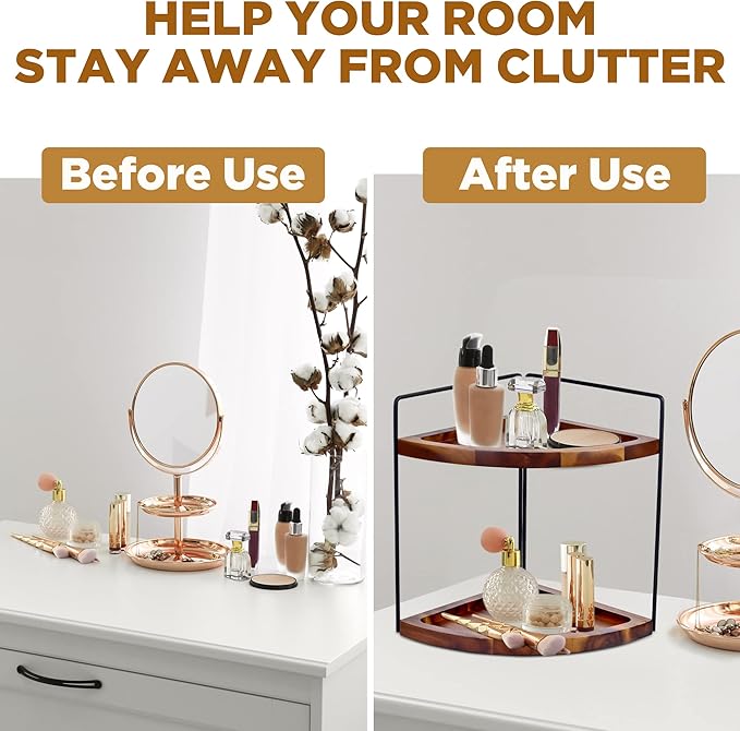 Bathroom Corner Counter Organizer 13.2x9.9 inch, 2 Tier Acacia Wood Organizer Countertop, Corner Storage Shelf Standing Rack, Cosmetic Vanity Tray Kitchen Spice Rack, Bathroom Storage Décor-NeatNest