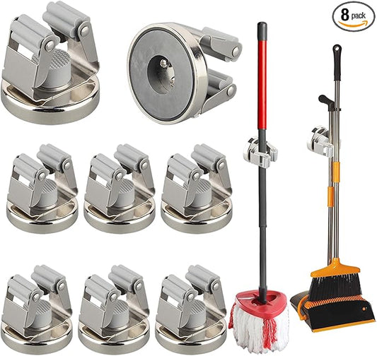 MUTUACTOR Magnetic Broom Holders,8pcs Anti-broken Heavy Duty Magnetic Clips Wall Mount,No Drilling Magnetic Hooks Broom Mop Brackets for Work Cargo Garage Laundry Van Accessories-NeatNest