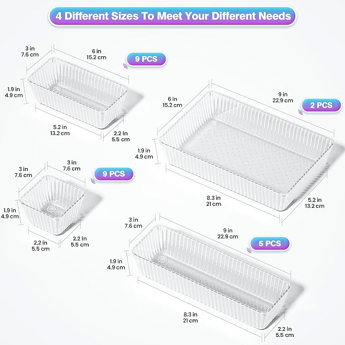 25 PCS Clear Plastic Drawer Organizer Set - 4 Sizes Makeup Organizer Desk Drawer Divider Bathroom Organizers and Storage Bins for Makeup, Jewelry, Gadgets, Office, Kitchen, Bedroom, Bathroom-NeatNest