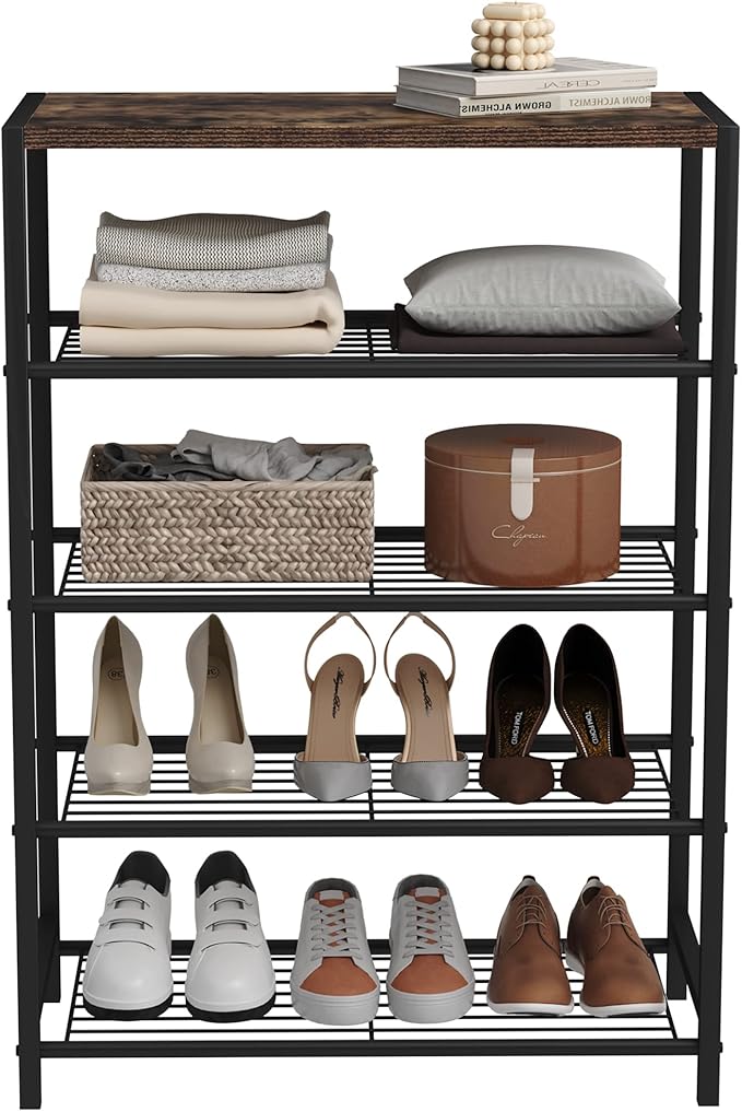 HOMEFORT 5-Tier Shoe Rack, Shoe Storage Shelf with MDF Top Board, Shoe Rack Organizer, Each Tier Fits 3 Pairs, Entryway Shoe Stand with Sturdy Shelves, Rustic Brown-NeatNest
