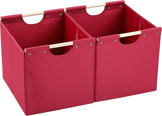 HOONEX Large Collapsible Storage Bins, Linen Fabric, Pack of 2, Storage Baskets with Wooden Carry Handles and Sturdy Heavy Cardboard, for Home, Office, Car, Nursery, Red