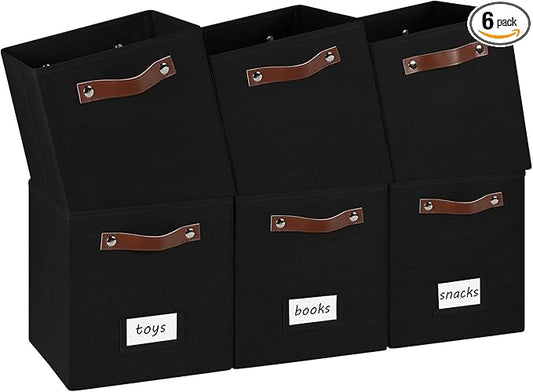 6-Pack Collapsible Fabric Storage Cubes with Handles & Label Holders, Closet Cube Home Organizer Bins (Black, 10.5*10.5*11 inch)